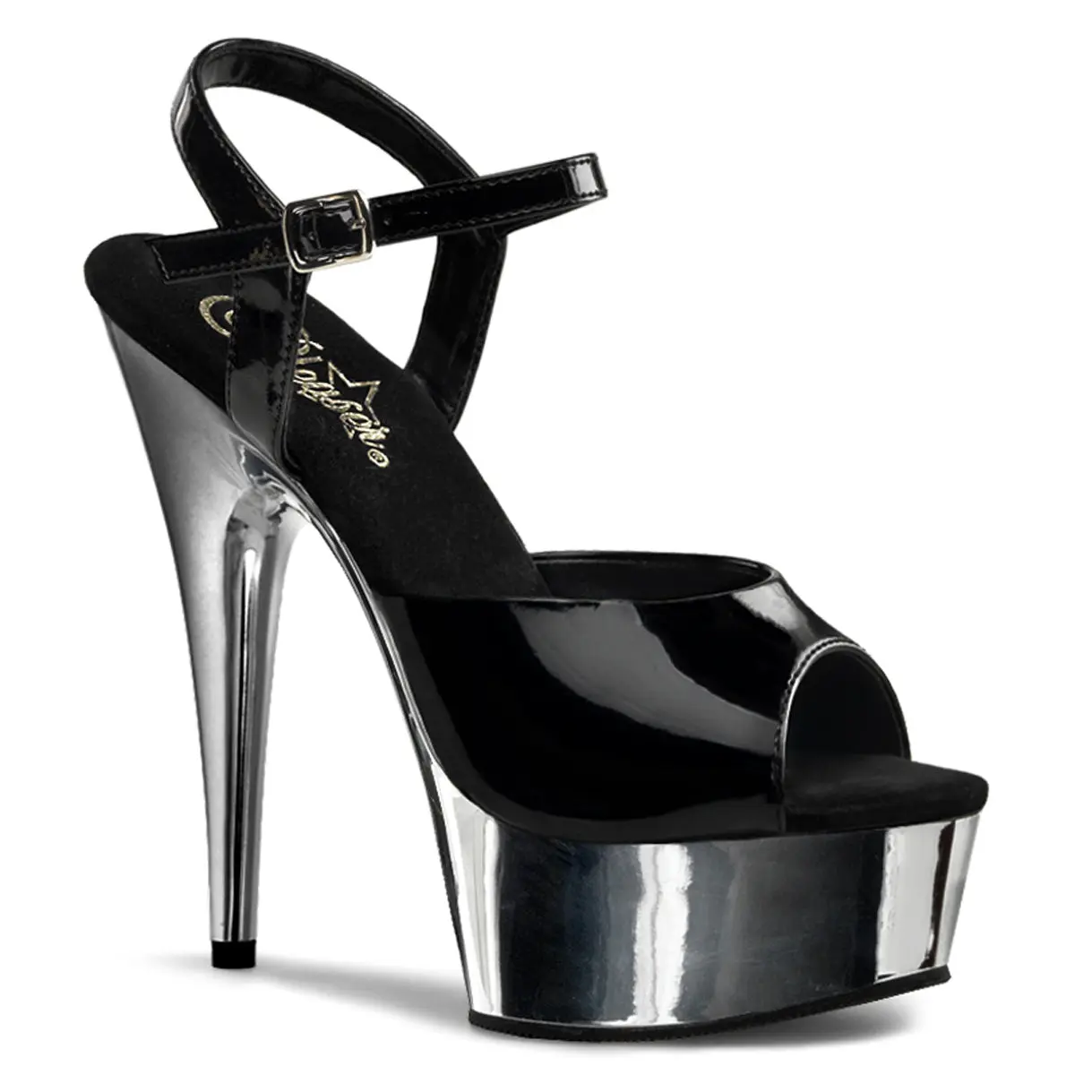 Pleaser Delight-609 Women's 6" Stiletto High Heels, Elegant Peep Toe Ankle Strap Party Sandals with a Shimmering Silver Chrome Platform