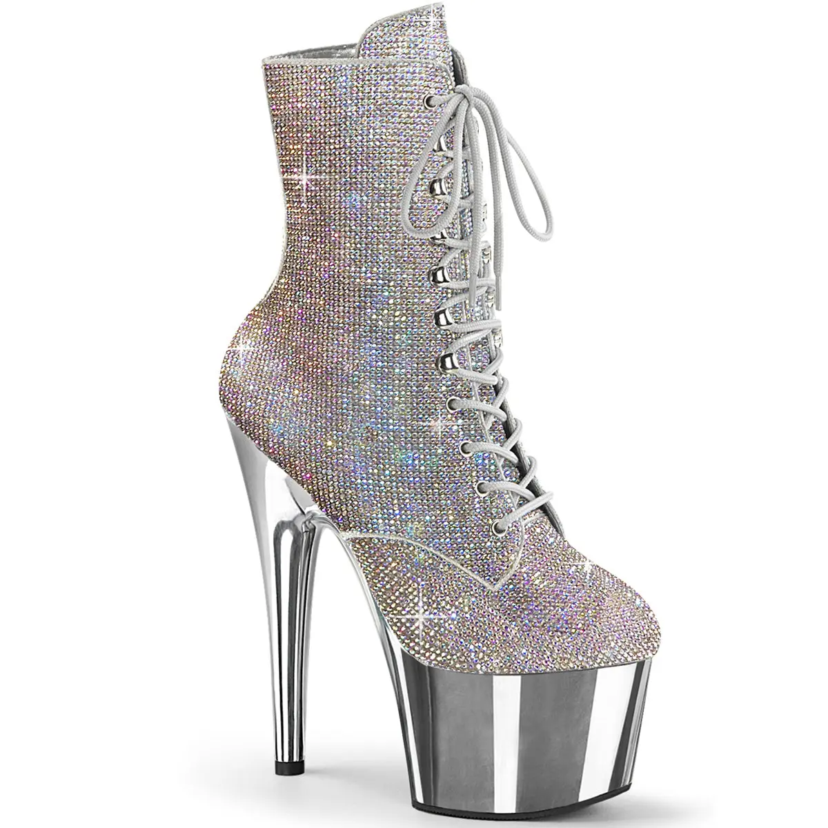 Pleaser Adore-1020CHRS Women's Allover Rhinestone Ankle Boots, Silver Lace-Up Platform Footwear with 7" Heel and Chrome Bottom, Statement Shoes, Party, Rhinestones, High Heel, All Seasons, Chrome Sole, Evening Wear, Zip, Decor