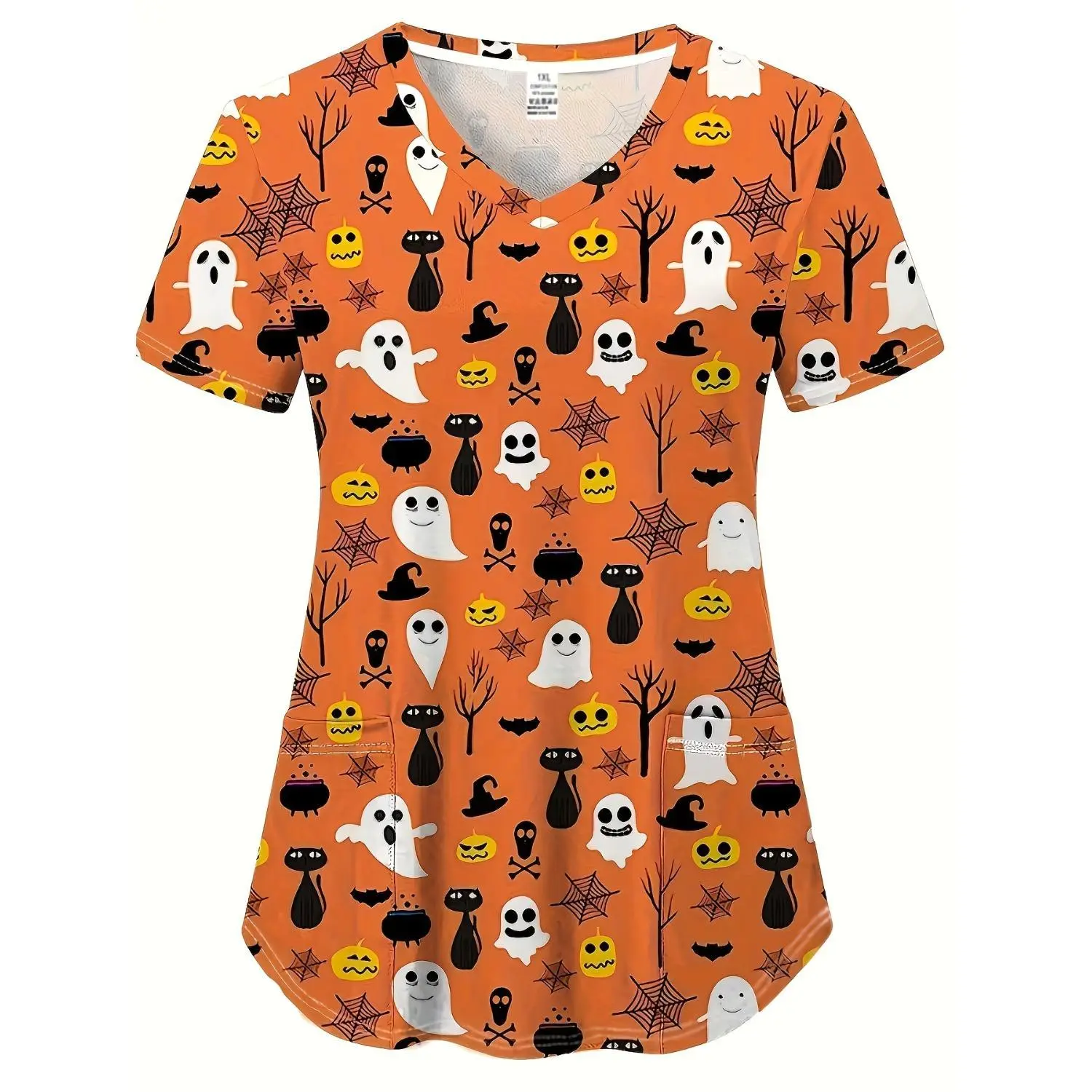 Halloween Plus Size Women's V-Neck Nurse Uniform with Cute Pumpkin Print, Short Sleeve Stretchy Workwear with Pockets, Breathable Machine Washable Professional Staff Apparel