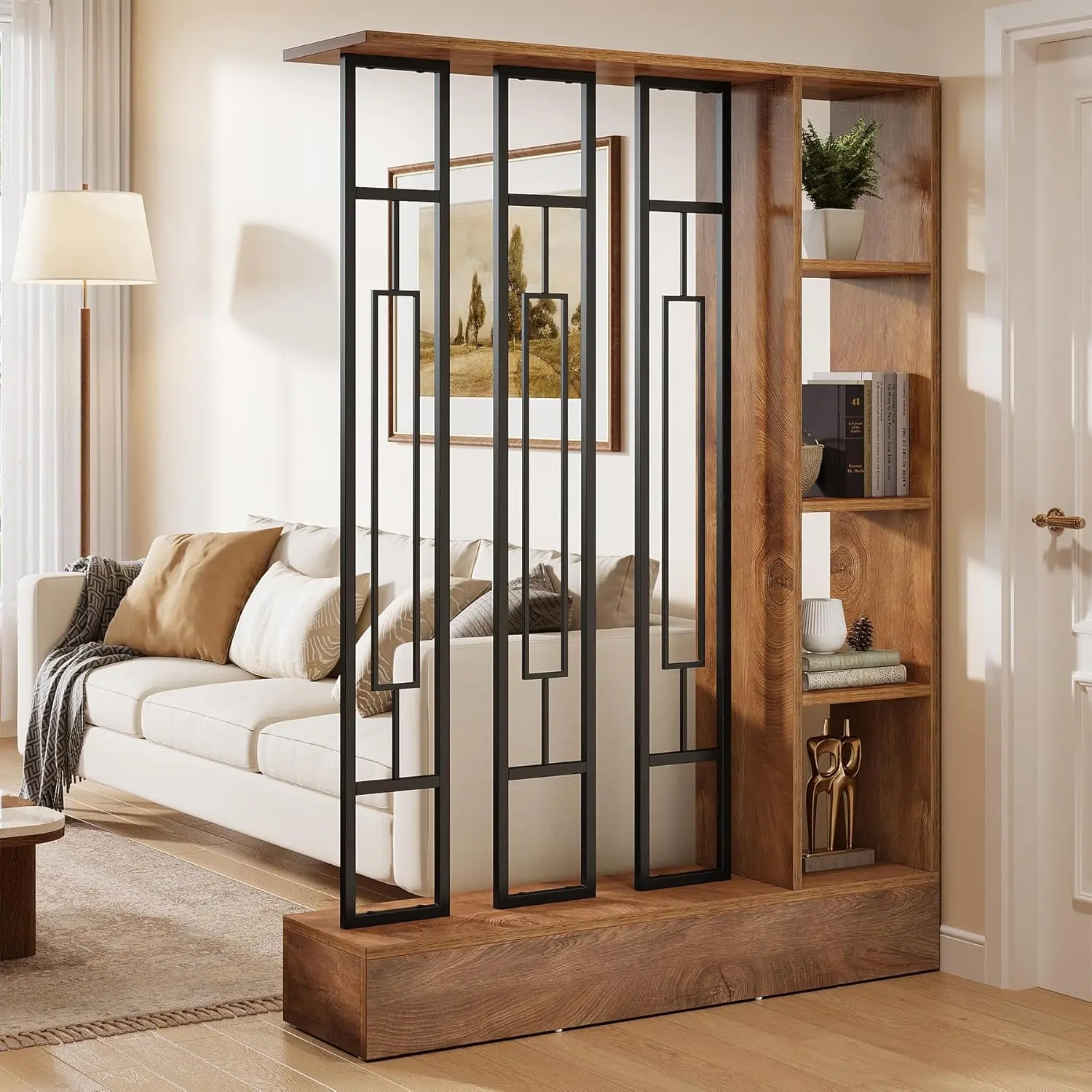 Tribesigns Wall Room Divider with Display Shelves, 70.9" Modern Freestanding Room Divider Screen with Sturdy Base, Wall Partition for Home & Office (Brown & Black, 47.2" W x 11.8" D x 70.9" H) homedecor