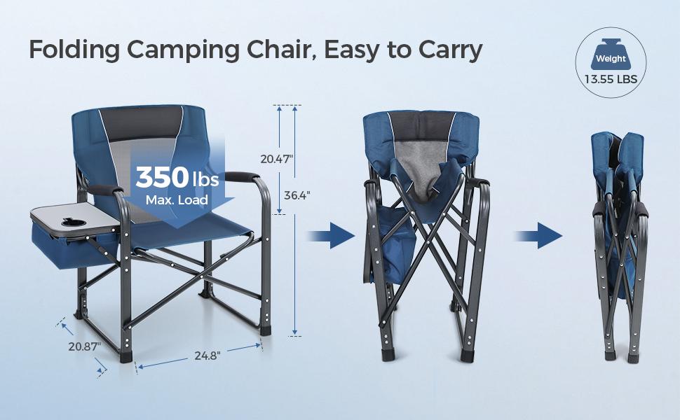 PHI VILLA 27” High Back Adjustable Camping Chair, 2-Position Reclining Folding Director Chair Supports 300lbs, Heavy Duty Outdoor Lawn Chair with Side Shelf