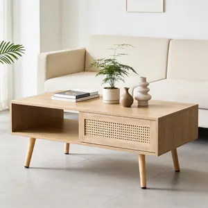 Boho Coffee Table for Living Room, 41.3" Rattan Coffee Table with Sliding Doors & Open Storage Shelf, Mid-Century Center Table for Small Space, Natural Fashionable Unique