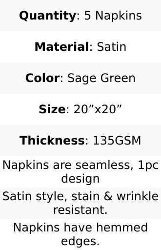 5 Pack Satin 20"x20" Napkins Sage Green - Luxurious Shine & Smooth Dinner Napkins