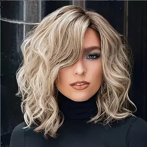 Short Ombre Highlight Blonde Wavy Bob Wig, Light Brown Bob Wavy Shoulder Length Wigshort curly hair.Fashionable wave-shaped artificial wigs, suitable for new hairstyles or for covering sparse hair or wide hair partitions.