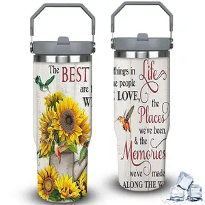 1pc 30oz Sunflower and Hummingbird Patterned Tumbler with Lid, Insulated Travel Mug, Gift for Women Men, Ideal for Halloween, Independence Day, Memorial Birthday Gift, Coffee Cup, weird stuff