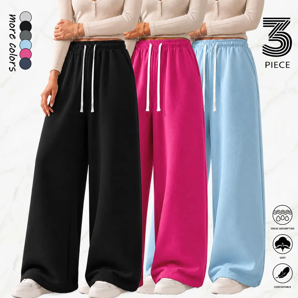 Women's 3-Pack Solid Color Wide-Leg Sweatpants - Womenswear, Comfortable Breathable Fabric, Straight Street Dance Casual Pants, Drawstring Design, Multiple Colors, Suitable for Yoga, Commuting, Great Gift for Women.Summervibes