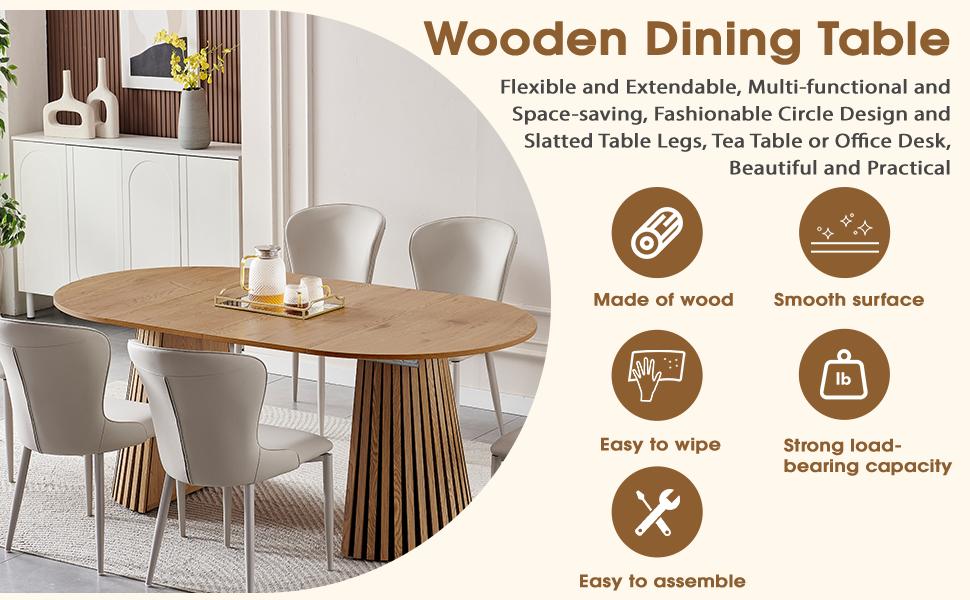 39.37-70.87 Inche Extendable Dining Table, Space Saving Oval Wood Tabletop & Slatted Legs, Flexible Multi-Functional for Kitchen Office Living Room, Natural Wood Color