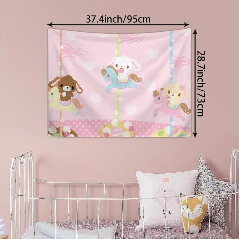 Cartoon Carousel-Cute Animal Heart Print Tapestry, Cutecore Room Decor Decoration, Whimsical Wall Hanging for Living Room, Bedroom Home Supplies