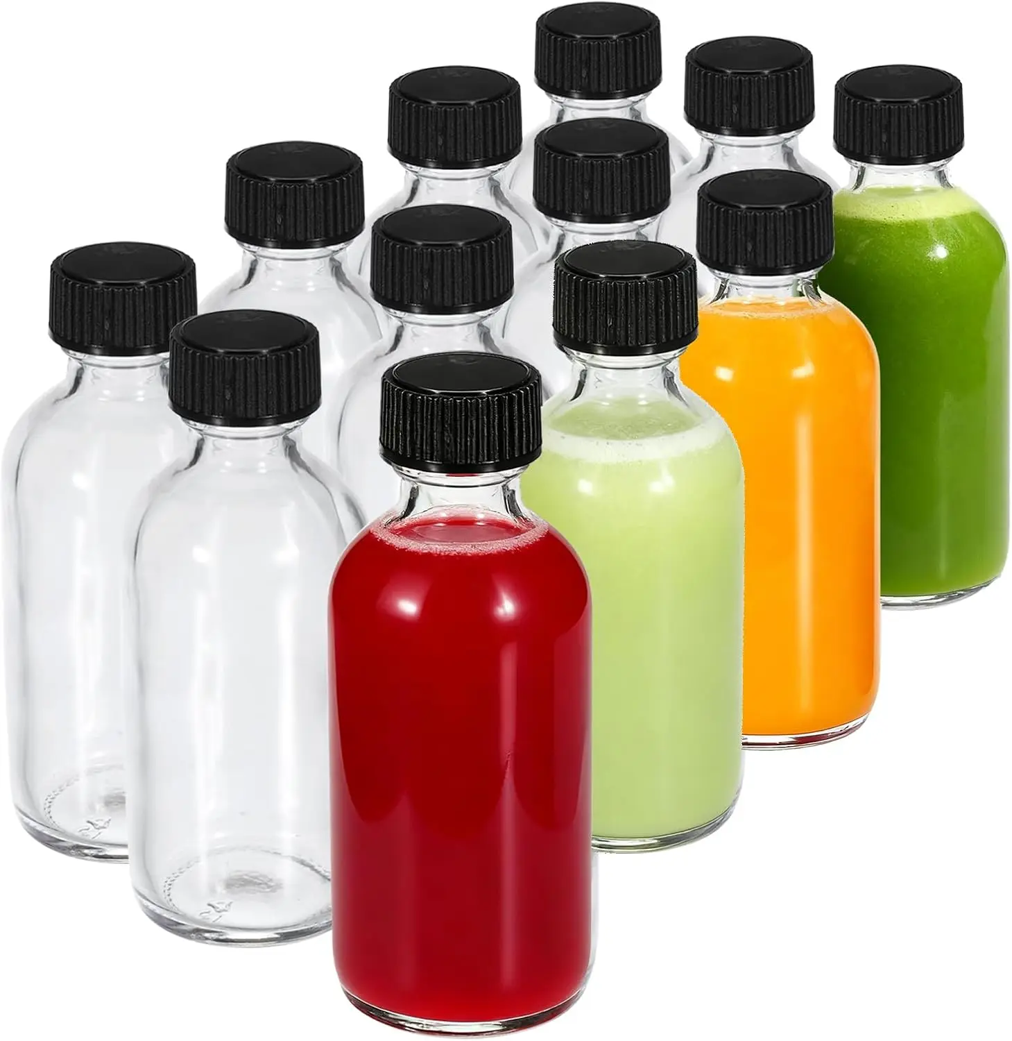 12-Pack 2 oz (60ml) Silicone-Sealed Lidded Glass Boston Round Bottles - 3.7"h Leak-Proof Kitchen Miniature Storage Containers w/Labels, Funnels, Brushes for Ginger Shots, Juice Samples, Lidded Bottle