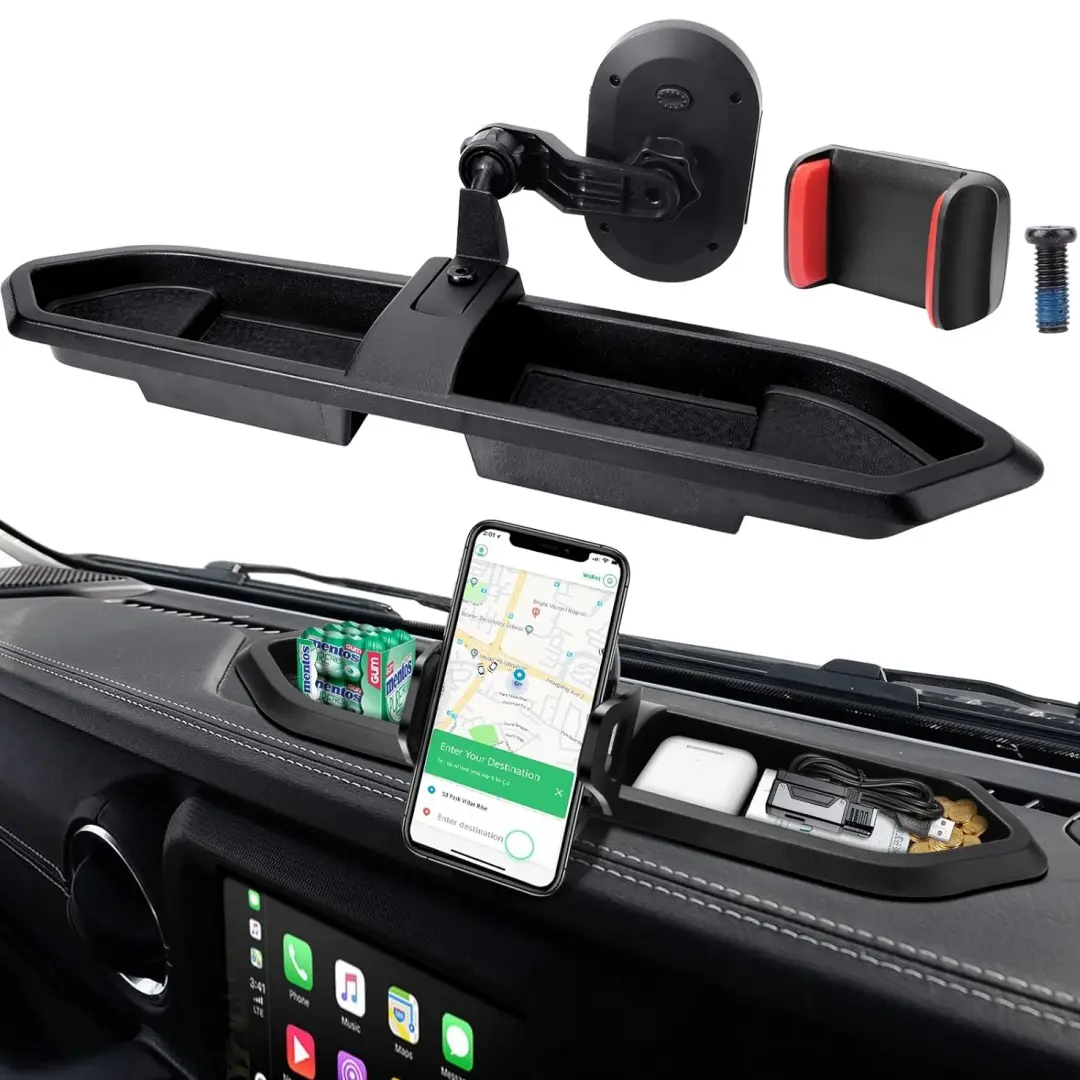 Upgraded Adjustable Cell Phone Holder - Car Phone Mounts & Holders with Extended Metal Arm, Multifunctional Dashboard Mounting Tray Kit for 2018-2023 Jeep Wrangler JL/JLU & Gladiator JT (Not for Hybrid/Electric 4WD Models), Adjustable Holder