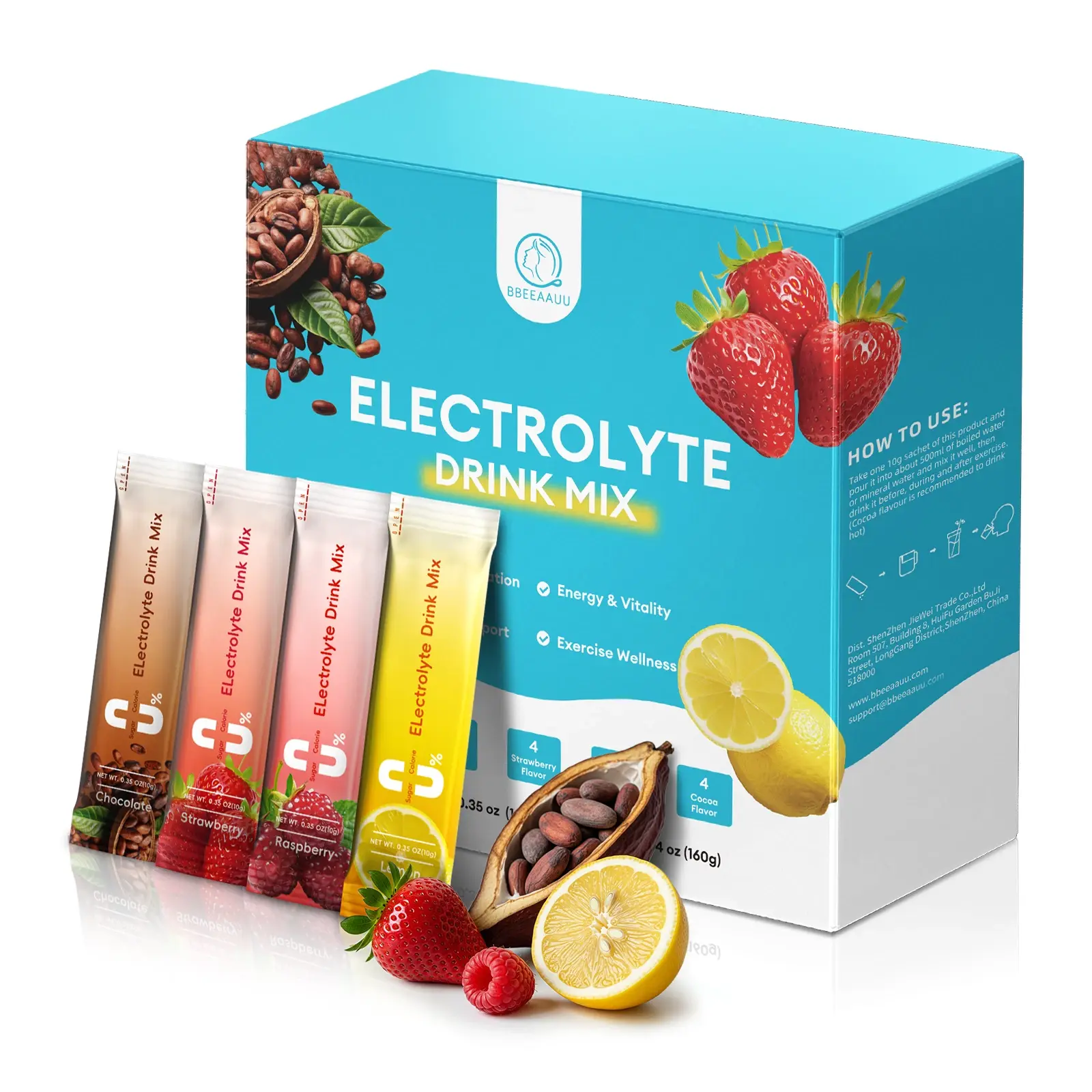BBEEAAUU Sugar Free Electrolyte Powder Mix Sports Drink Hydration 16 Packets 4-Flavour