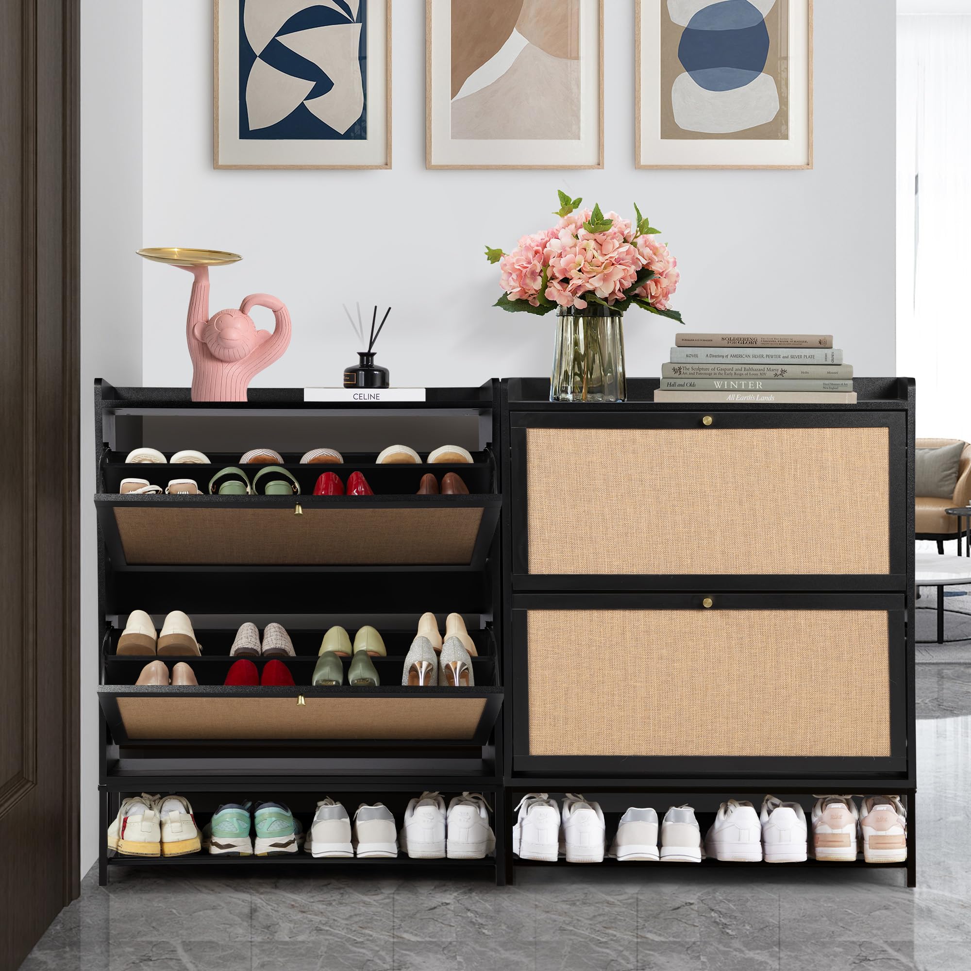 Giratree Shoe Cabinet, Shoe Cabinet Freestanding Tipping Bucket Shoe Rack Organizer with 2 3 4 Flip Drawers, Modern Entryway Narrow Shoe Rack for Entryway, Hallway, Bedroom