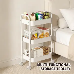 3-Tier Rolling Utility Cart with Tabletop Metal Storage Organizer Cart Locking Wheels Hooks Multifunctional for Office Classroom Kitchen Bathroom Corner Clear Cosmetic Rack Magnetic Spice Drink Set Collapsible Bins Three-Tier prevents water dustproof home