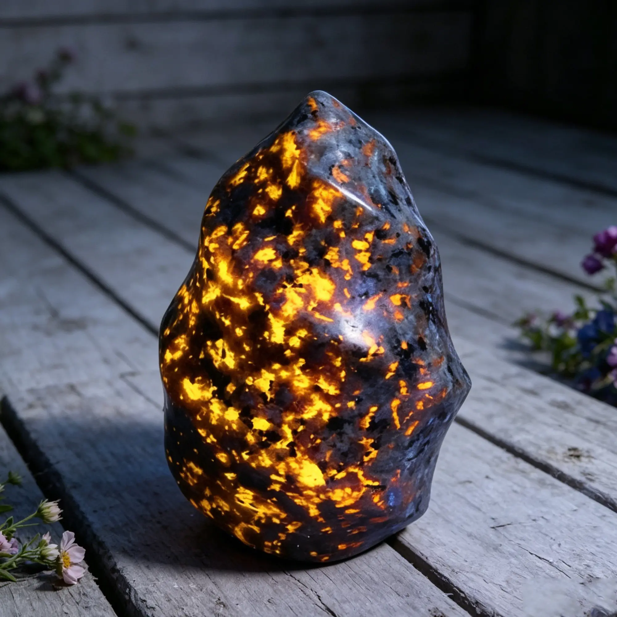 200g Natural Yooperlite Flame Stone - UV-Reactive Sodalite Crystal, Hand-Polished Healing Stone for Reiki Meditation, Home Decor with Orange Glow