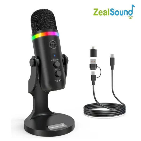 ZealSound K66 Pro RGB Microphone, Noise Cancellation Condenser mic with Touch Mute/Gain/Echo/Monitoring, RGB Light for iPhone/iPad/Streaming/Podcast/Twitch/YouTube/Discord/PC/Computer/PS4/PS5/Mac/laptops/tablets/Smartphone streaming ASMR equipment