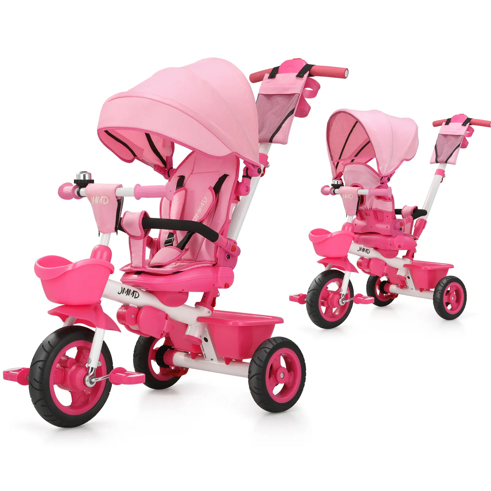 JMMD 6-in-1 3-Wheel Metal Frame Toddler Stroller Bike for 18 Months-5 Year Old Girls, with Adjustable Handle, Adjustable Seat, Harness, Removable Canopy, Grows with Toddlers, 3-Wheel Bikes