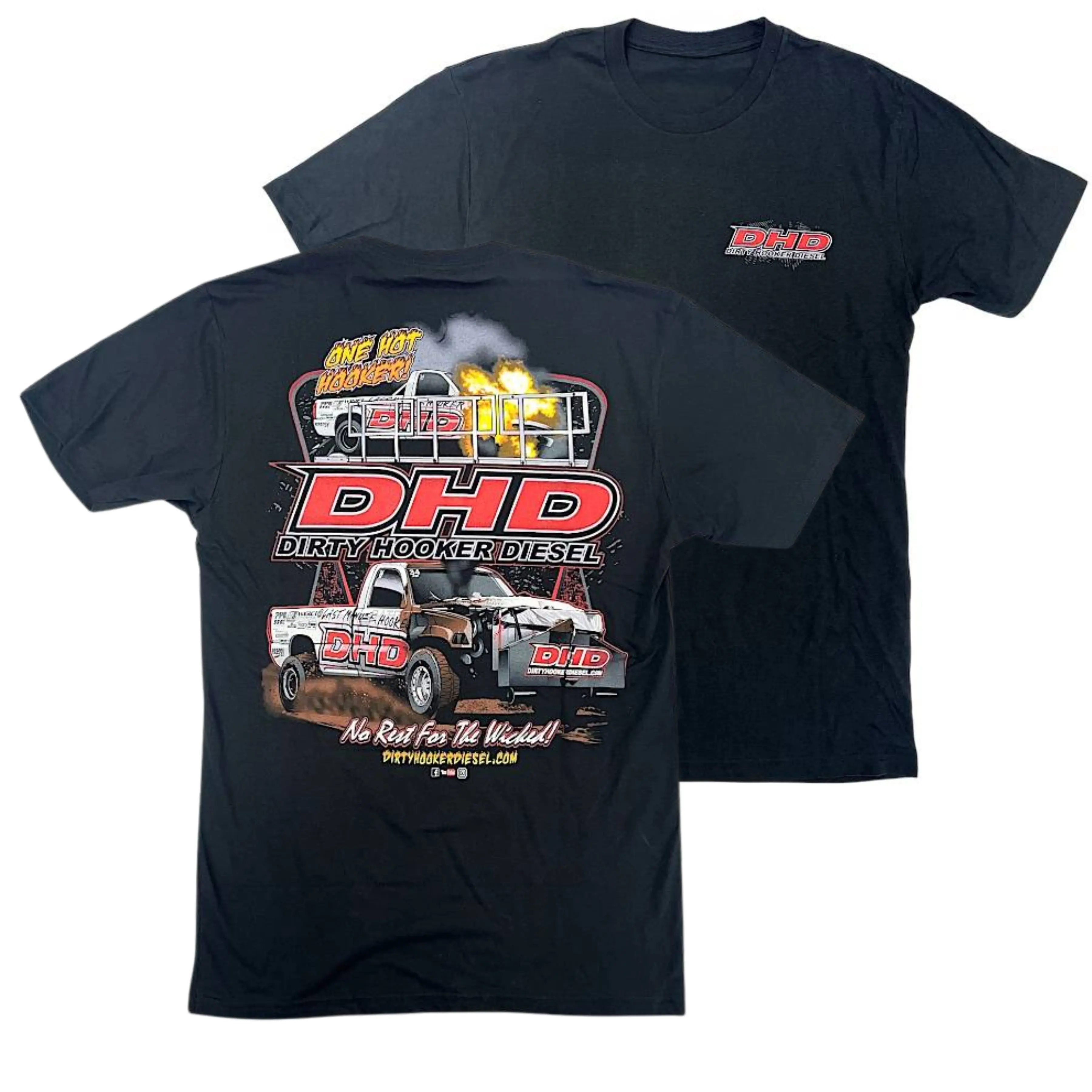 180gDirty Hooker Diesel T Shirt and Hoodie, T-shirt, 2 Sides, Black Pulling Truck Fire Graphic Racing Apparel for Diesel Performance Fans