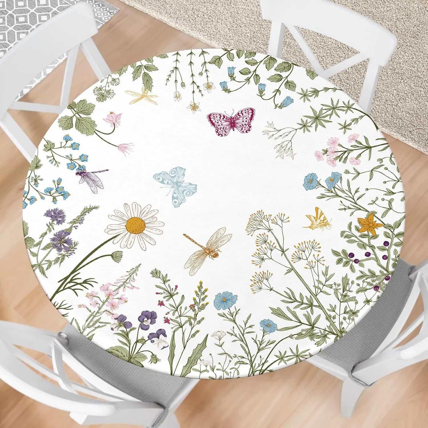 Spring Flower Round Fitted Tablecloth with Elastic Edge Wipeable Round Table Cloth   Outdoor Round Table Cover for Kitchen Picnic Patry Indoor Fits 40-44" Diameter Round Tables