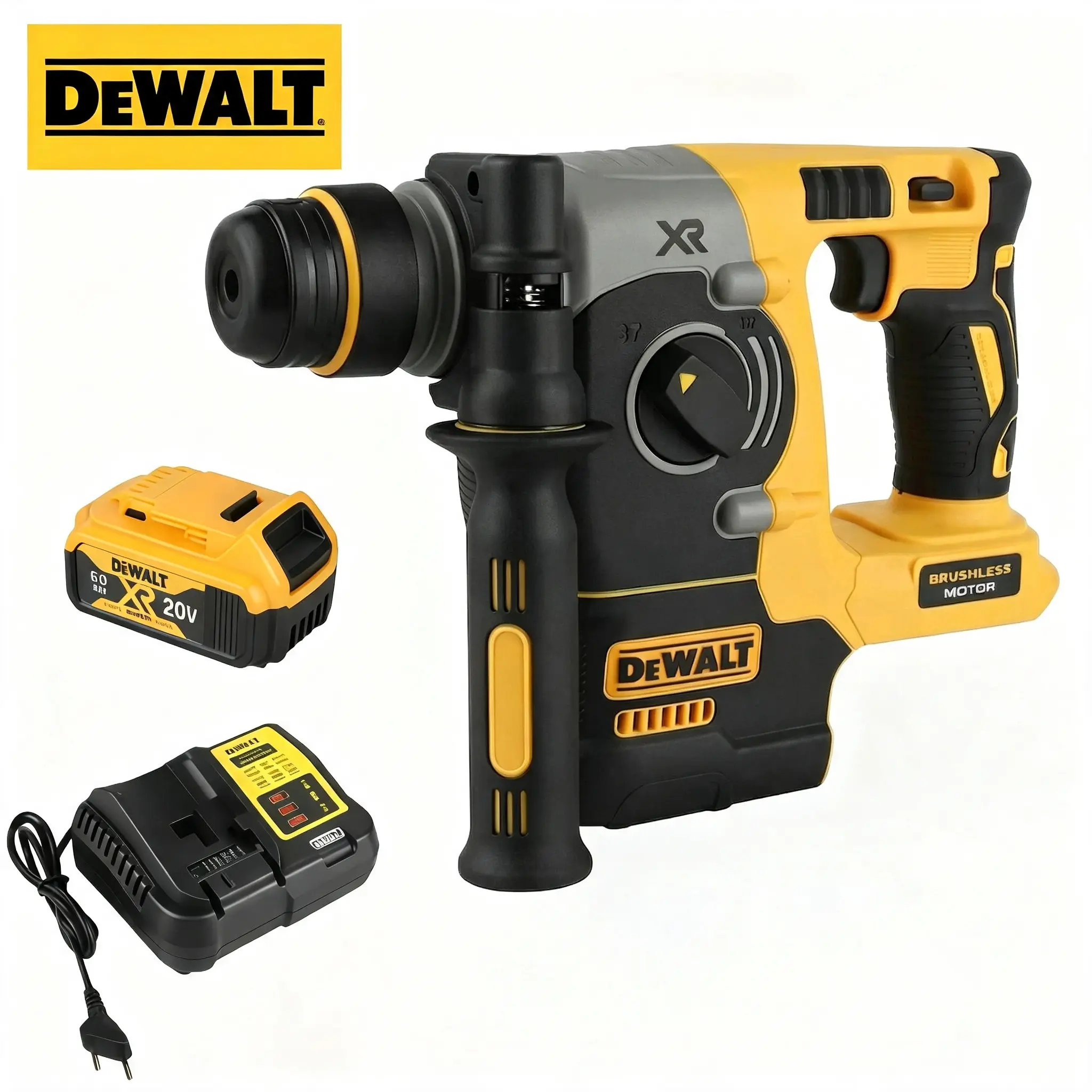DEWALT DCH273 20V MAX XR Brushless SDS Plus L-Shape Cordless Rotary Hammer, 3 Operation Modes With SHOCKS Vibration Control, For Concrete Drilling Anchor Installation Overhead Renovation Work, Electric Rotary Hammer, Built-in LED Light