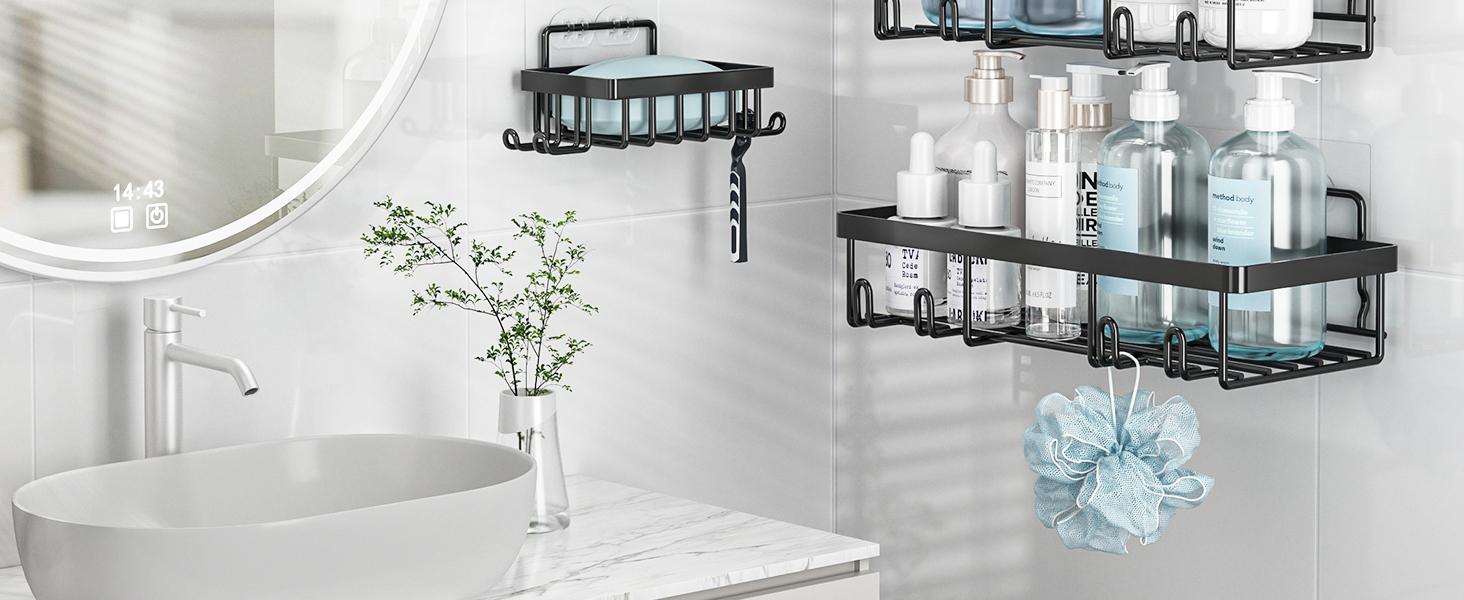 5-Pack Black Rustproof Waterproof Stainless Steel Wall-Mounted Shower Caddy Set, No-Drill Adhesive Installation Shower Organizer with Toothbrush & Soap Holders, Large-Capacity Bathroom Accessory, Apartment Decor, 2026 Easter Sale Deal