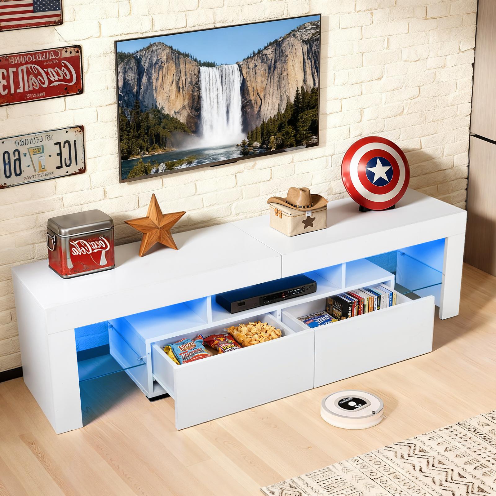 63'' LED TV Stand High Glossy Modern Entertainment Center with LED Lights and Storage for 55/60/65/70 Inch TV White Finish