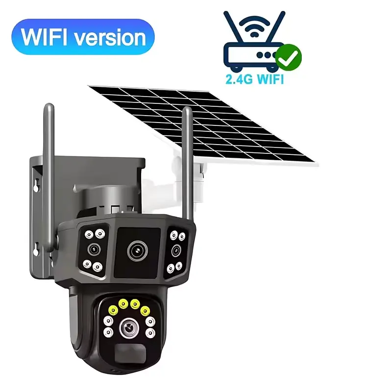 Father's Day and Summer Festivals:4K/8MP solar-powered outdoor security camera, 2.4GHz Wi-Fi, dual lenses, PIR human detection, color night vision,  home solar-powered security camera | wireless outdoor 355° panoramic view, IP66 waterproof.