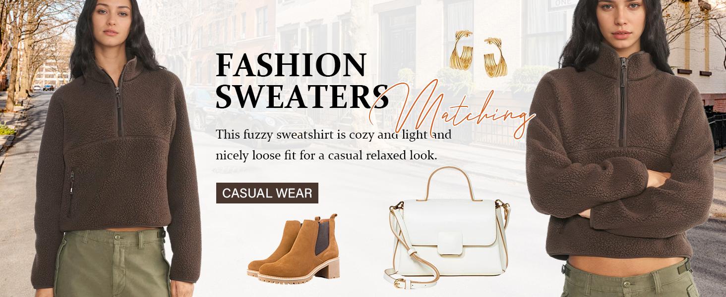 Songling Womens Fleece Sweatshirts Cropped Half Zip Fuzzy Warm Sherpa Pullover Varsity Jackets with Zipper Pockets Fit Casual Breathable Fashion   Loose Light Coats