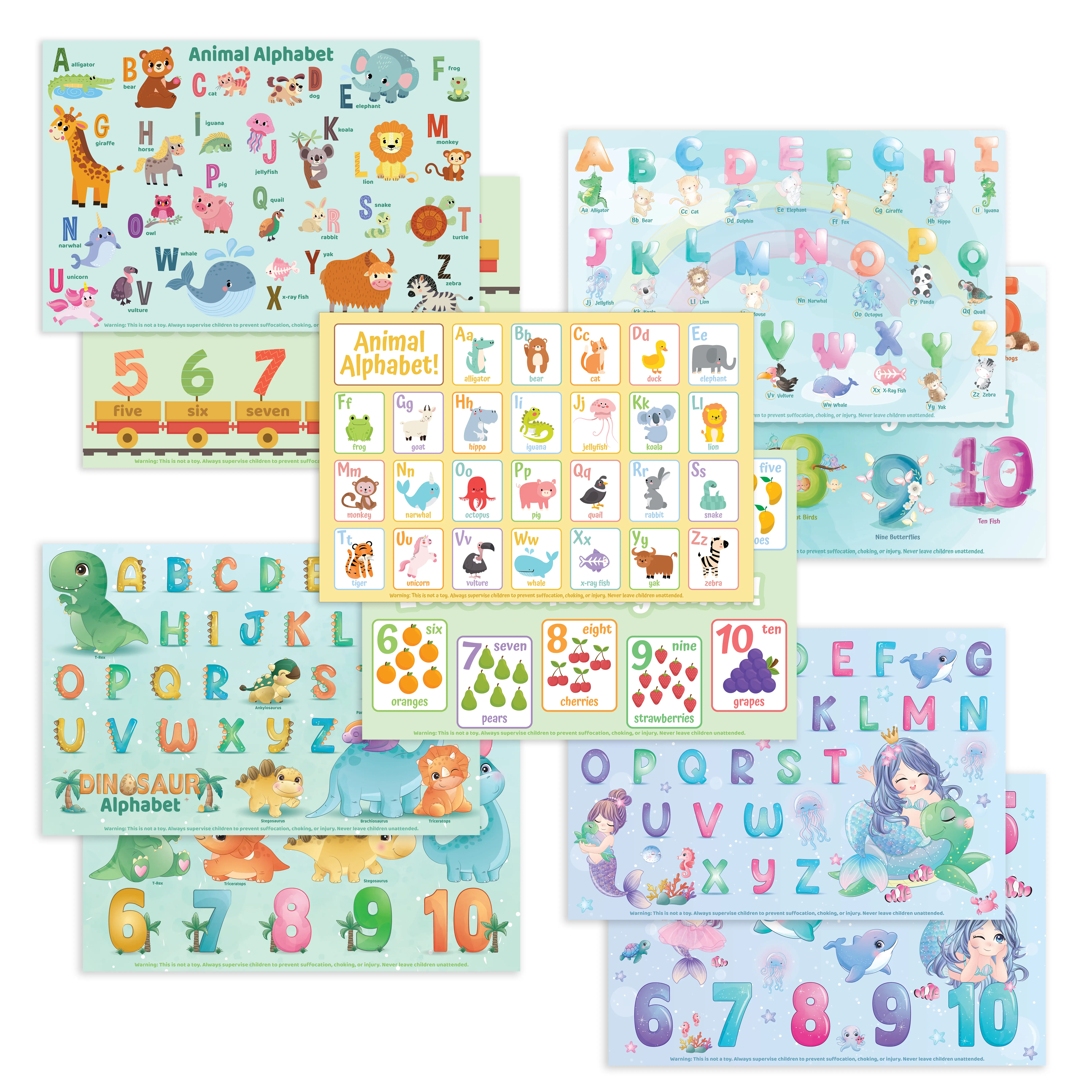 Disposable Non-Skid Placemats & Coasters for Baby Toddlers, 40-Mat Pack, BPA-Free, Colorful Animal/Dino+Mermaid Fun, Alphabet/Numbers Design for Restaurants & Travel Learning Educational Tableware