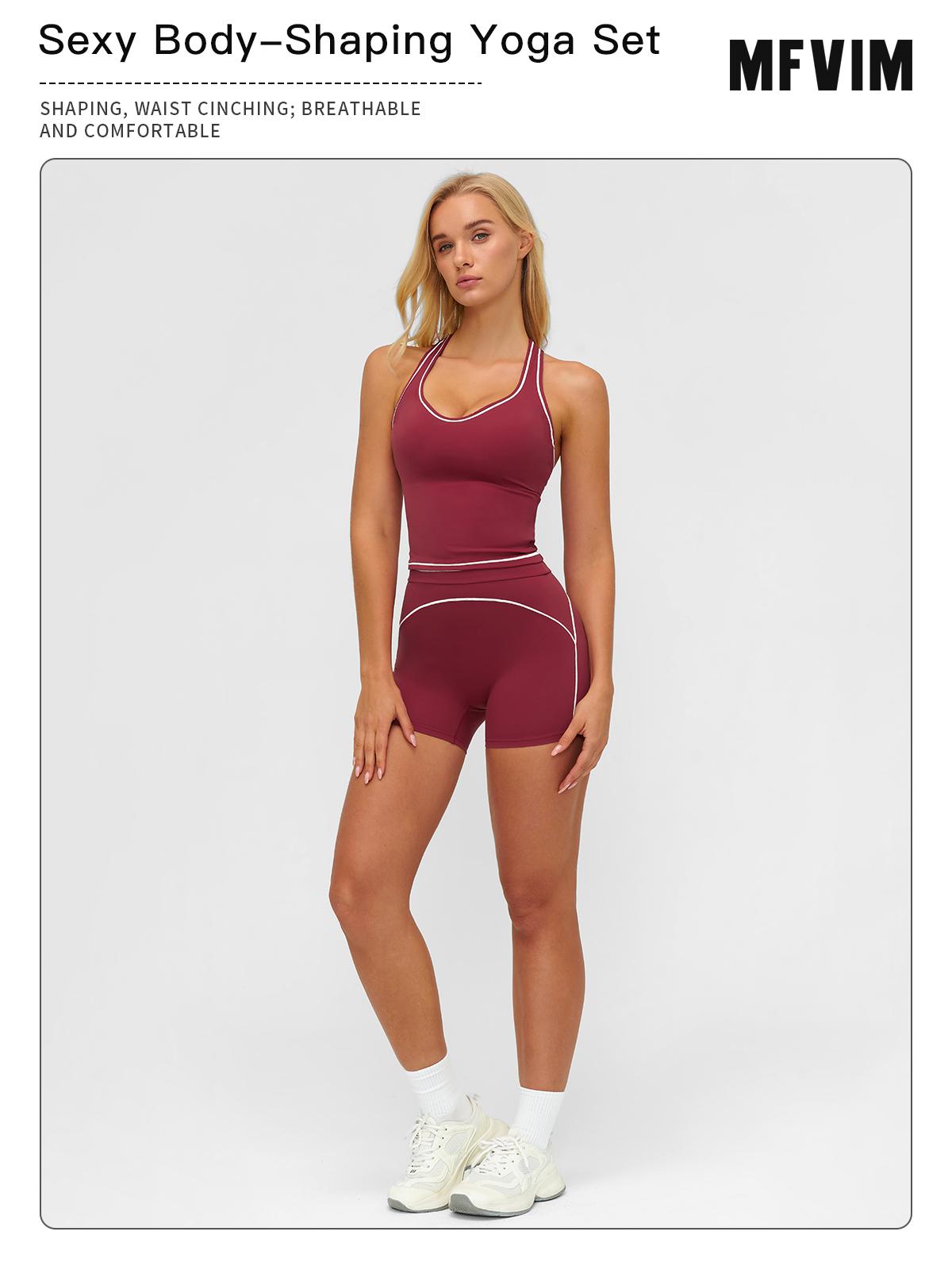 MFVIM Women's Solid Crop Sports Bra & High Waist Gym Shorts Tracksuit Set, High Stretch Casual Breathable Comfortable Quick Drying Spaghetti Strap Backless Sports Bra & Drawstring Waist Skinny Shorts for Yoga Gym Workout, Ladies Sportswear for All Seasons