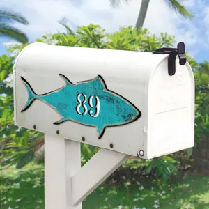 Tuna Fish Coastal Personalized House Number Sign by G. Debrekht - Coastal Sea-Life Decor - Handcrafted Wooden Handcrafted Wooden Handcrafted Wooden Address Sign - MA98548