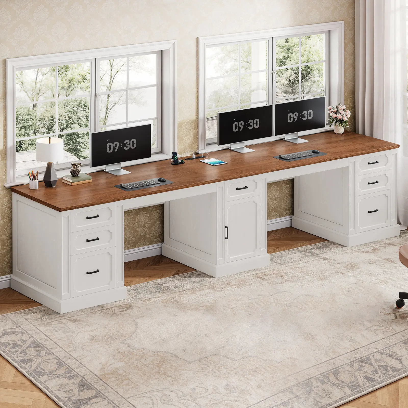 Sedeta 110.3-Inch Rustic Vintage Farmhouse Multi Functional 2-Person Desk with Spacious Desktop, Printer Stand, Power Outlets, 7 Sliding Drawers, Filing Cabinet, Home Office Furniture for Home Office, Bedroom, Computer, Dual Monitor Setup