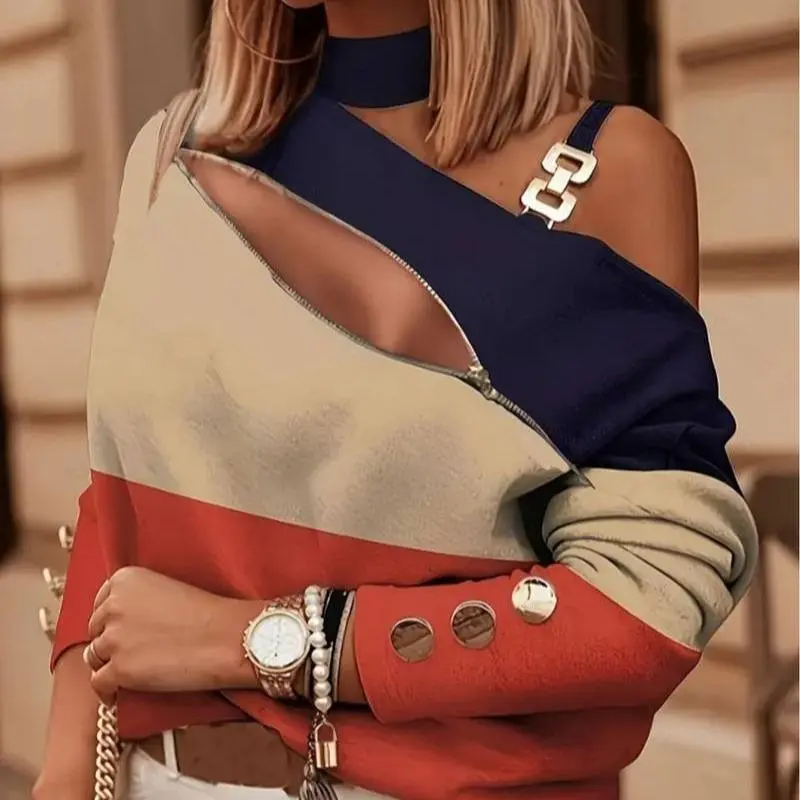 Elegant Three-Color Patchwork Zip Up Long Sleeve Shirt - Mixed Color
