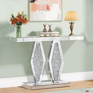 Modern Mirrored Entryway Console Tables with Crushed Diamond Inlay 39.37" Long Hallway Table for Entryway Glam Glass Foyer Table for Home Decor
