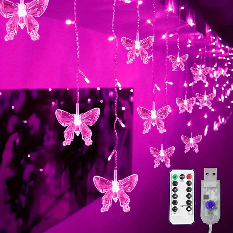 Butterfly Curtain Fairy Lights String, 8 Modes, 96 LED USB Powered Timer, Remote Control, 16 Butterfly Hanging Decorations, Interior Led Lights