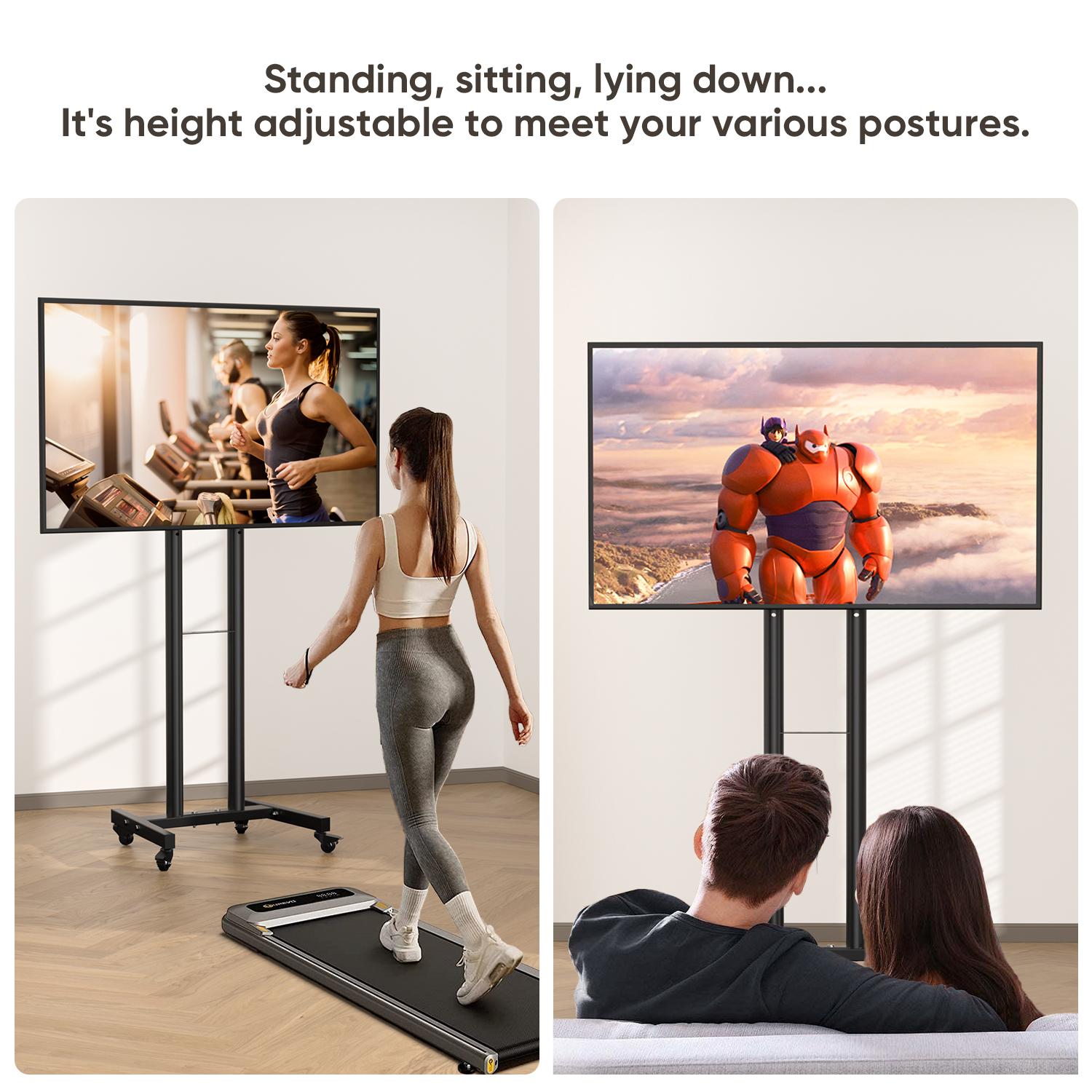 Forged Mobile TV Stand. Suitable for 23-65-inch LCD/LED flat-panel/curved TVs. 15° tilt TV cart. Capacity up to 88 lbs. Portable stand with laptop holder. Rolls flat to the floor. Lockable wheels. Max VESA 400x400mm. HeightAdjustable Portable TVStand with Forged Mobile TV Stand. Suitable for 23-65-inch LCD/LED flat-panel/curved TVs. 15° tilt TV cart. Capacity up to 88 lbs. Portable stand with laptop holder. Rolls flat to the floor. Lockable wheels. Max VESA 400x400mm. HeightAdjustable Portable TVStand with