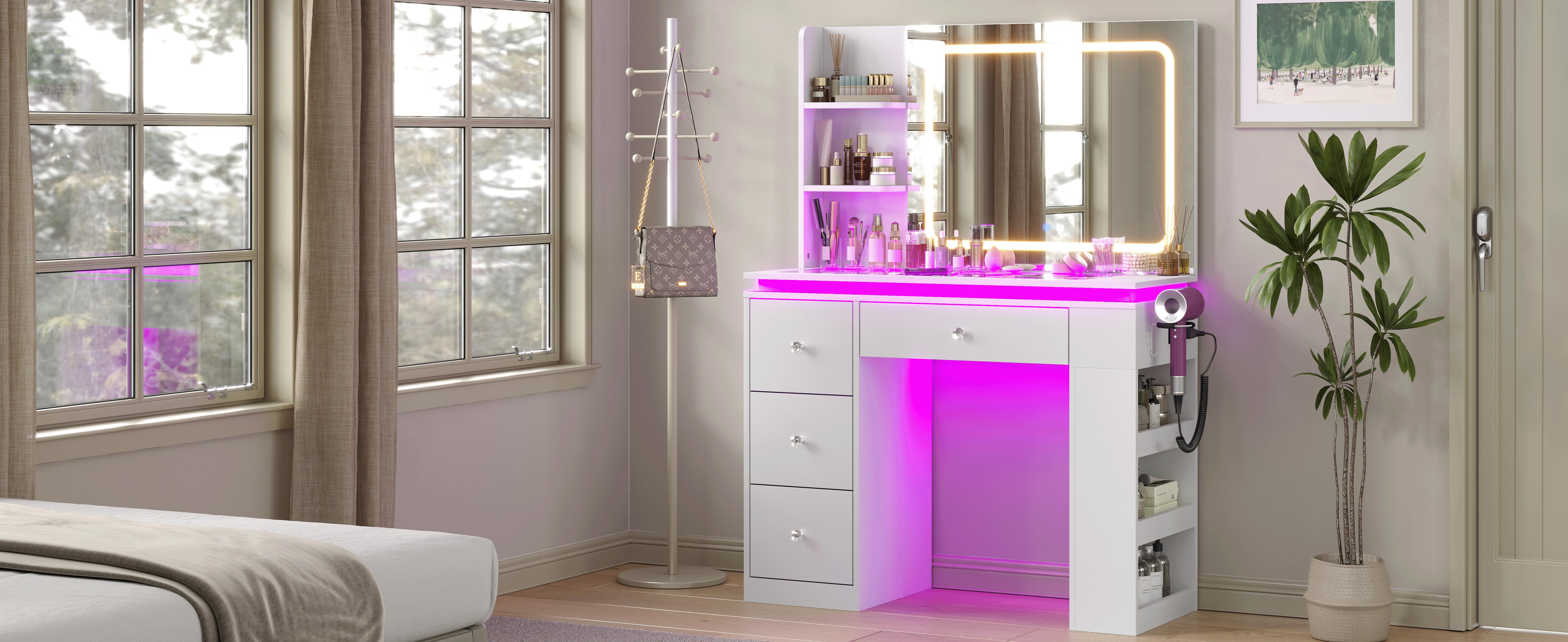 CollaredEagle Illuminated Makeup Vanity Desk - Stylish, Adjustable Vanity Set with LED Lights, Storage Drawers, Charging Station for Bathroom, Bedroom (White Finish)