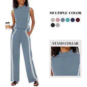 Casly Lamiit 2 Piece Sets for Women Summer Outfits Mock Neck Tank Top & Wide Leg Pants Stripes Casual Loungewear Tracksuits Tanktop Fitted