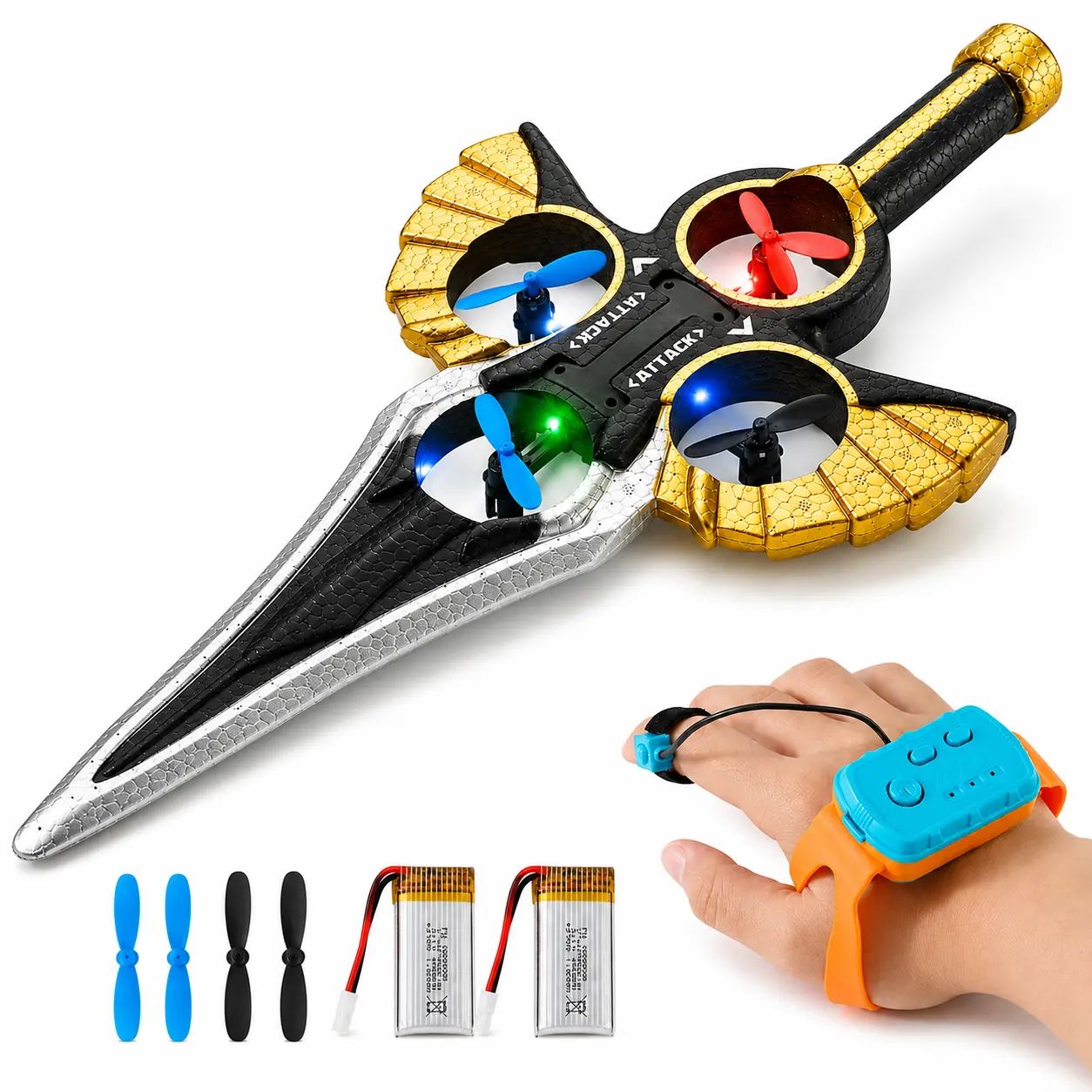RC Flying Sword Toy for Boys Girls, Hand Gesture Controller Hover Toy with Color Lights and Extra Propellers
