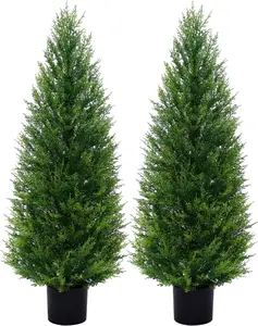 2 Pack 4FT Artificial Cedar Topiary Trees with Full Realistic Leaves, Faux Plants for Home Front Door Porch Patio Garden