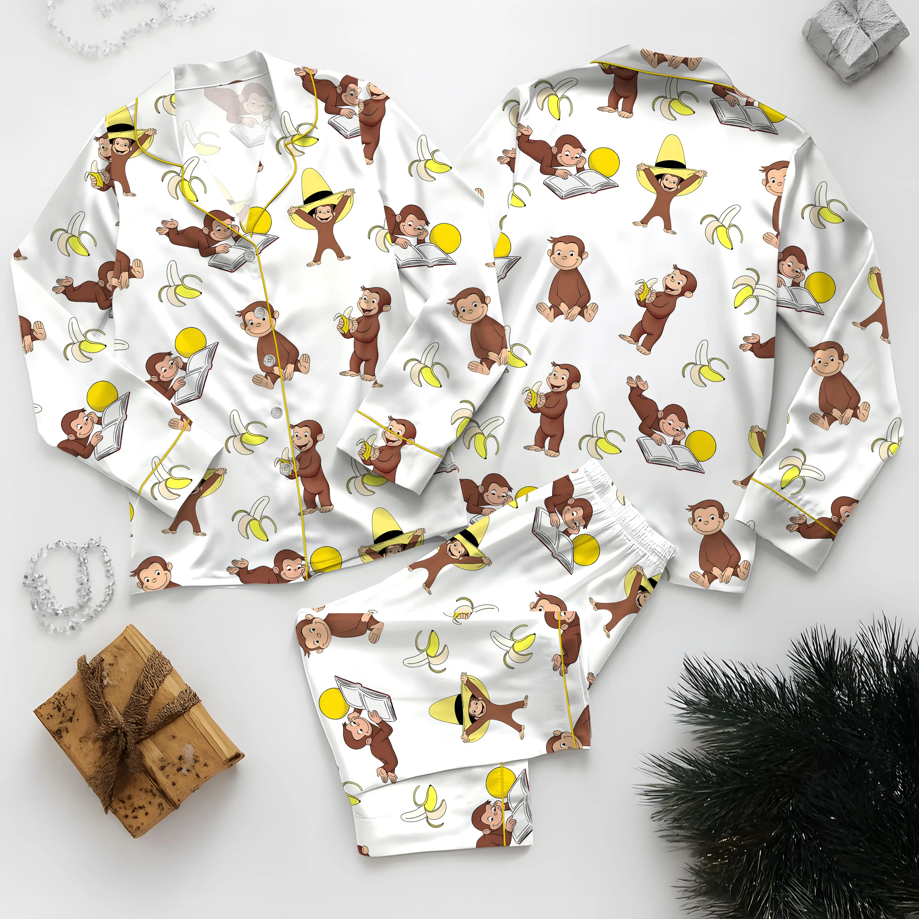 Women's Monkey & Banana Print Pajama Set, Aesthetic 2-Piece Silky Satin Loungewear with Button-Up Top & Adjustable Pants, Pocket, Wrap, Bottom, Everyday