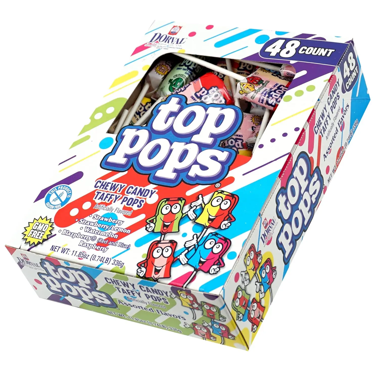 Top Pops Taffy Pops Individually Wrapped Candies, 48-Pack Sour Candy Snack with 4 Assorted Sour Sweet Fruit Flavors, 12 Months Shelf Life, Candy Mixed Flavors, Flavored Sour Candy