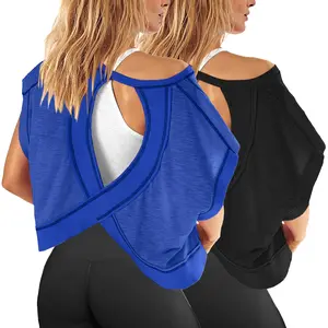 Buenoble Women’s Open Back Workout Tops Y2K Athletic Gym Slouchy Crop Running Tees