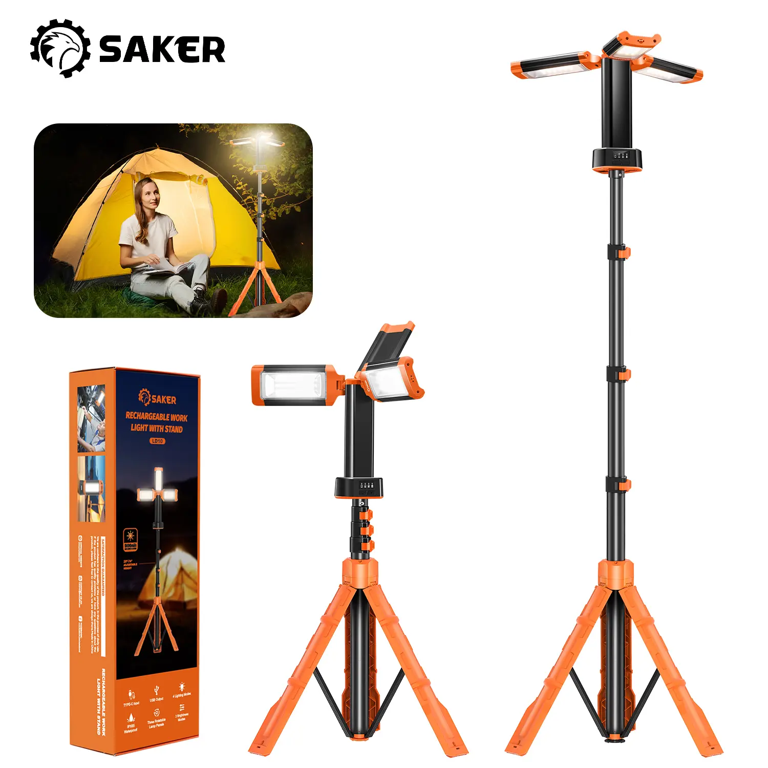 SAKER Portable Camping Light with Stand, Rechargeable Work Light, Dimmable Emergency Flashlight for Garage, Outdoor Work, Power Outage, Fishing LD10 Orange