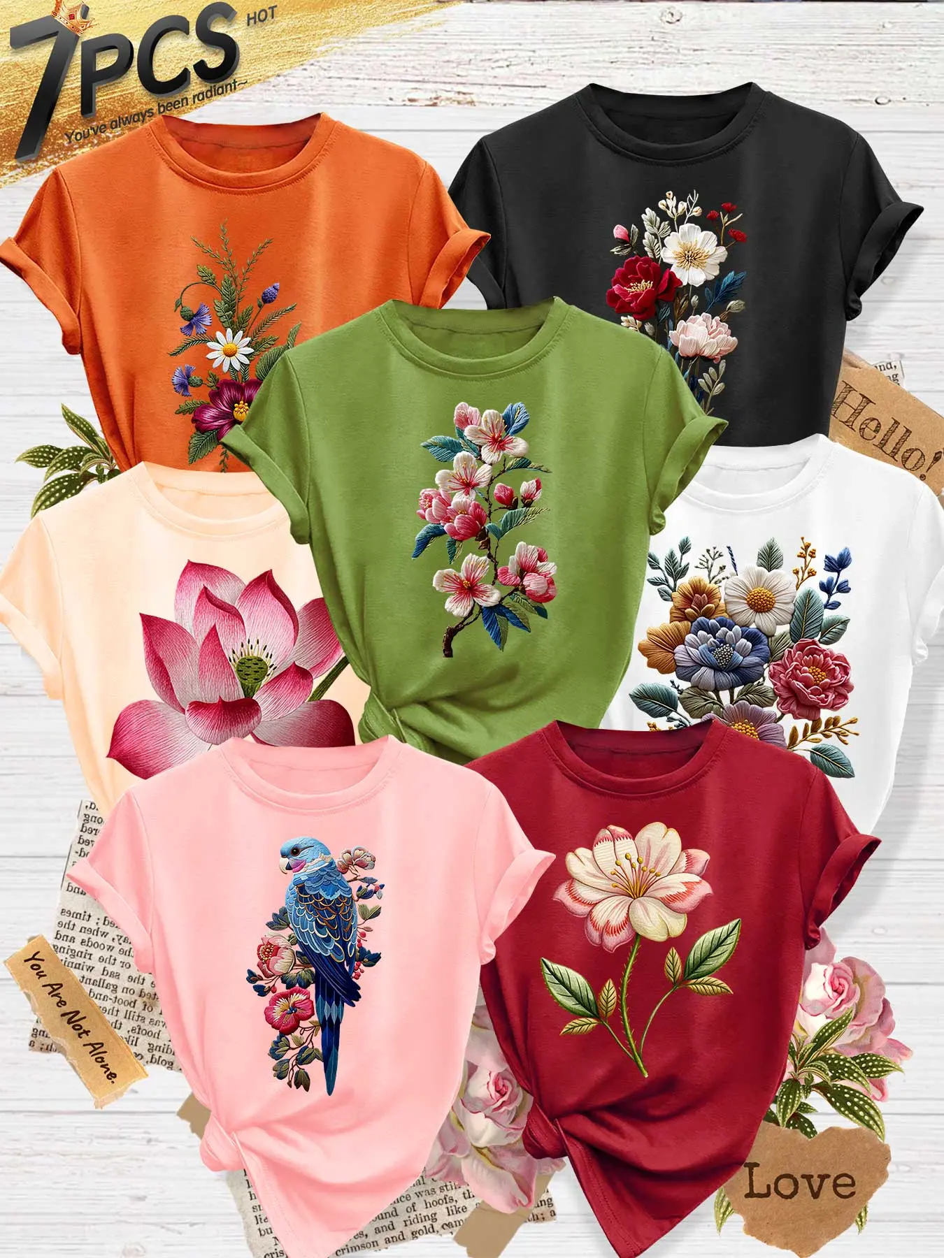 7 Pcs Plus Size Women's Crew-Neck T-Shirts, Lotus & Embroidery-Style Floral Print, Multiple Colors, Machine Washable Spring & Summer Tops with Soft Skin-Friendly Fabric, Daily Versatile Casual Fashion Design