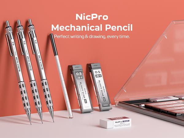 Nicpro 3Pack Blocky Gear 0.7 mm Metal Mechanical Pencils Set with Case, Lead Drafting Pencil with 8 Tube (480Pack) Lead Refills(HB 2B), 4 Erasers, 18 Eraser Refills for Art Writing, Sketching Drawing