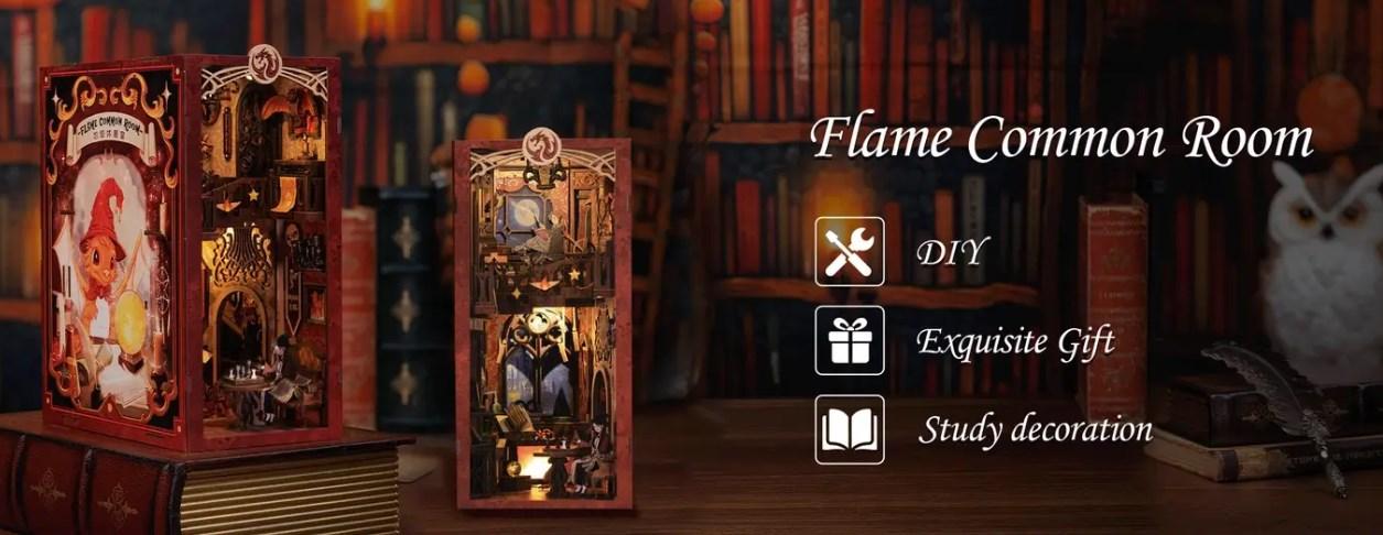 CUTEBEE Flame Common Room Black Friday DIY 3D Book Nook Kit  Miniature Magic House Dollhouse with LED Light Handmade Creative Toy for Teens and Adults Holiday Christmas Gift Bookshelf Decor