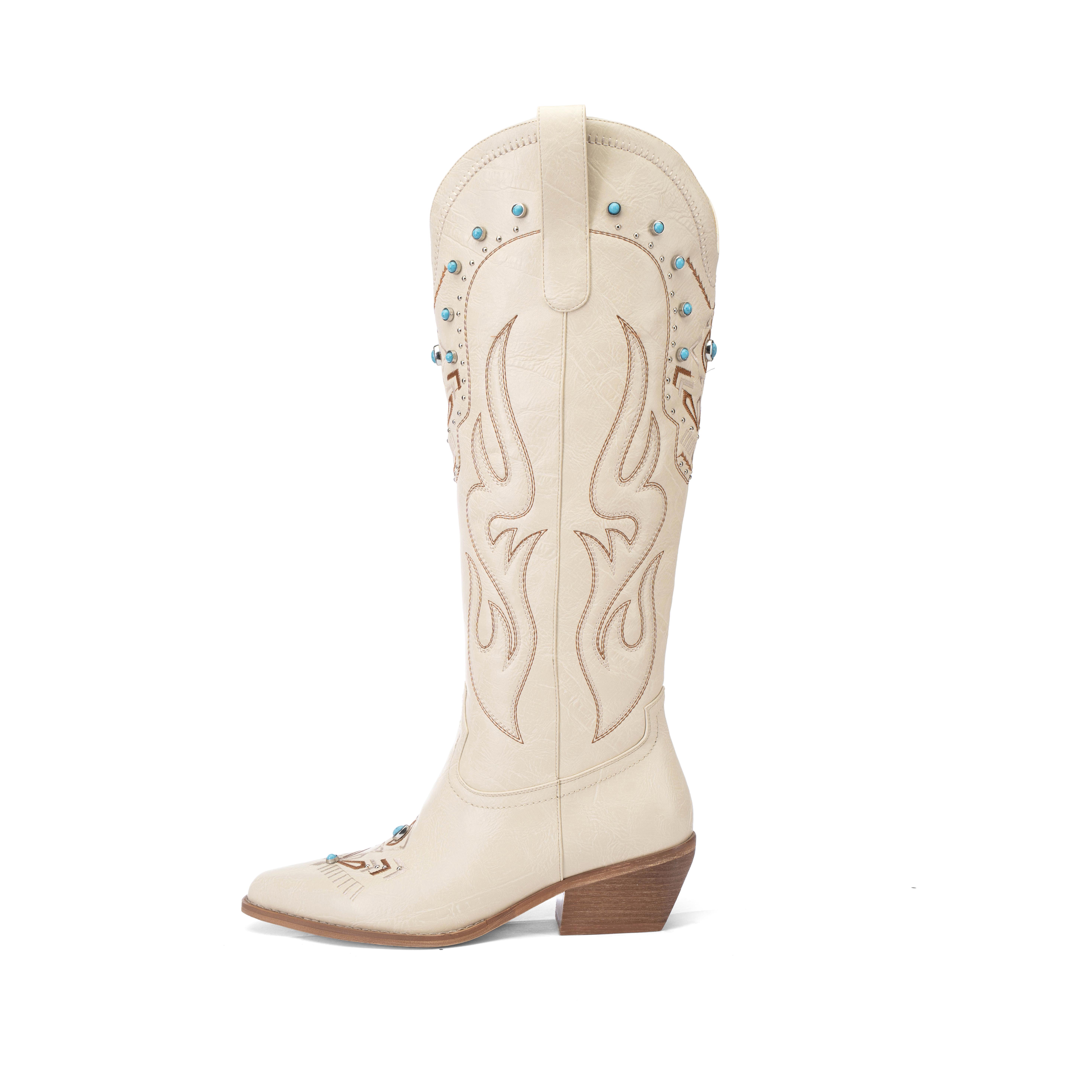 ReneChristine Women's Embroidery Western Cowboy Boots with Studs & Emerald Gemstones, Knee High Wide Calf Cowgirl Boots for Gatherings Weekend Hangouts Black Leather fur boots knee high boots boots for fall thigh high boots brown boots cowgirl boots Sprin