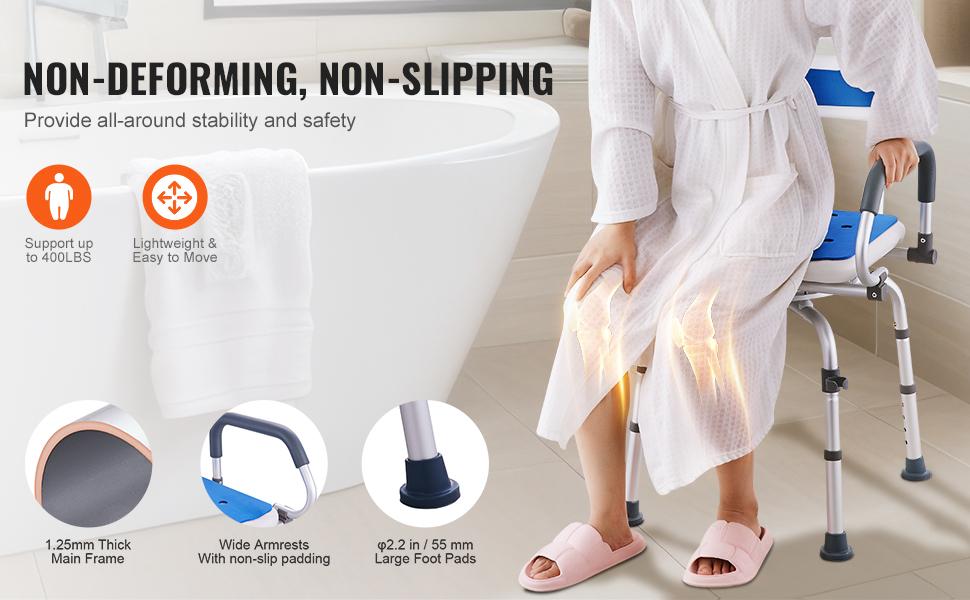 VEVOR Non-Slip Shower Chair,  360° Swivel Bathtub Shower Stool with Pivoting Arms & Padded Seat and Back, Height Adjustable Rotating Bathtub Shower Seat for Elderly Disabled, Max 500LBS Capacity