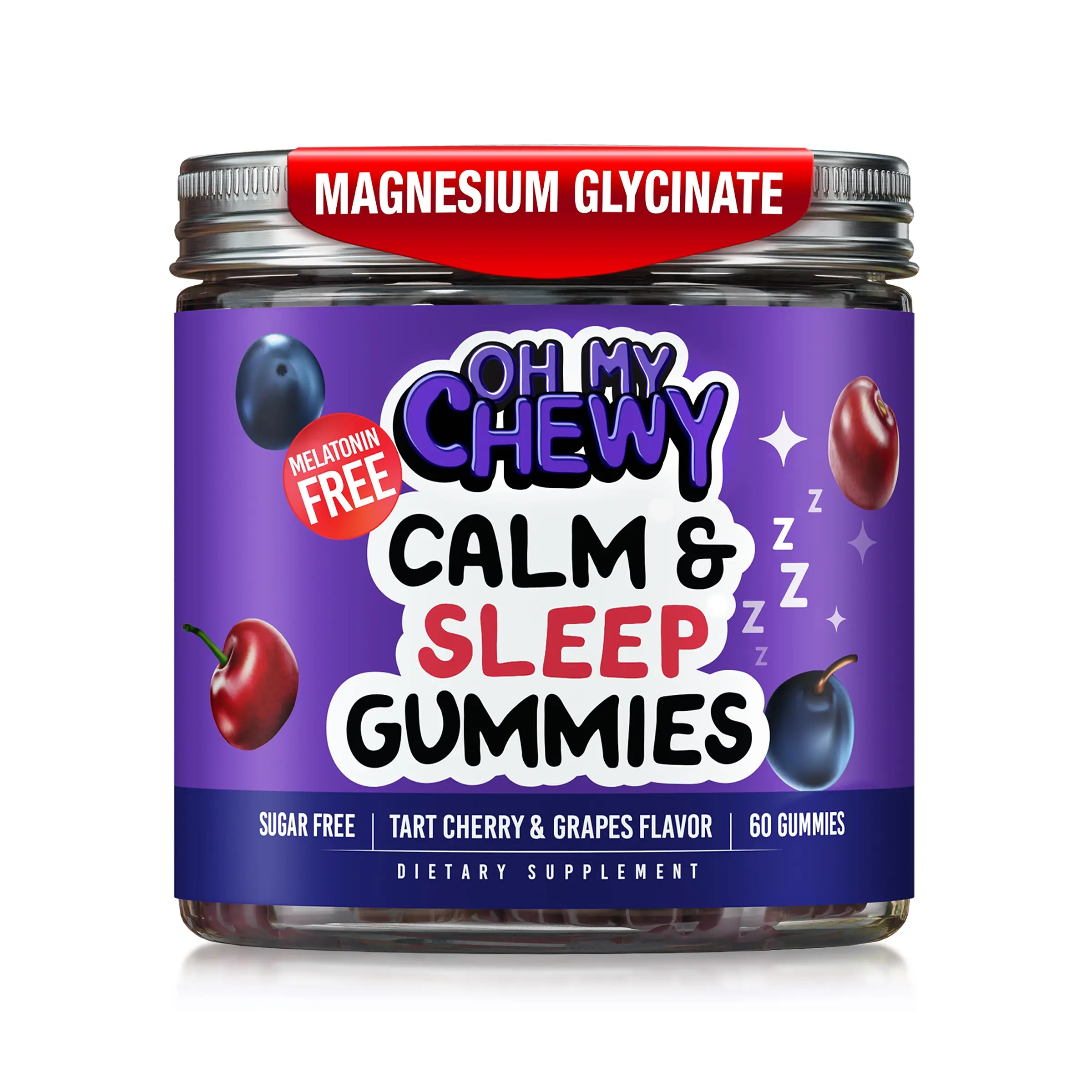 Double-Flavor Calm & Sleep Sugar-Free Gummies - Magnesium Glycinate, L-Theanine, Chamomile and Lemon Balm - Melatonin-Free Sleep and Relaxation Support for Kids, Teens and Adults - Tart Cherry & Grape Flavor - 60 Ct, Gluten Free