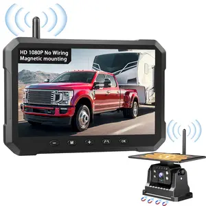 Magnetic Solar Wireless Backup Camera Strong Signal, 5'' HD 1080P Monitor No Wiring Rechargeable RV Backup Camera for RV Trailer Camper Car Blind Spot Truck Automotive Backup Camera for Truck IP69 Waterproof IR Night Vision 150° Wide Angle